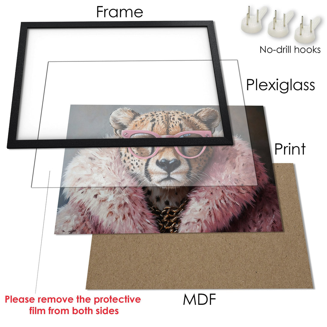 Framed Poster featuring a stylish cheetah in pink fur and glasses. Modern art print with a neutral and pink color palette.