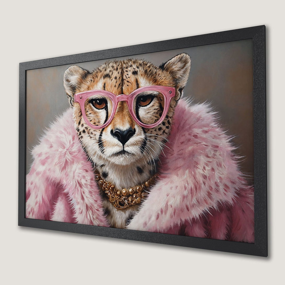 Framed Poster of a stylish cheetah in pink glasses & fur. Pop art style with a pink, gold, and neutral color palette.