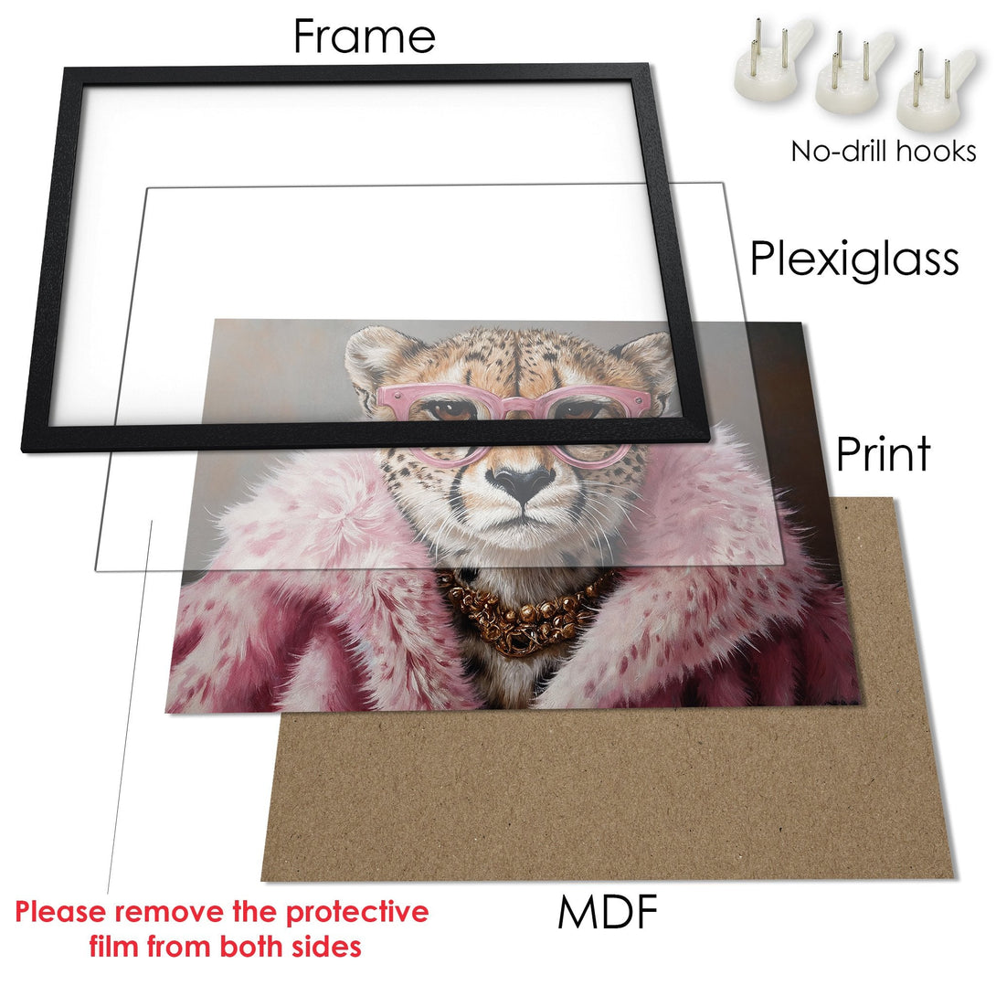 Framed Poster featuring a cheetah in pink glasses and fur, artistic style, soft pink and neutral color palette.
