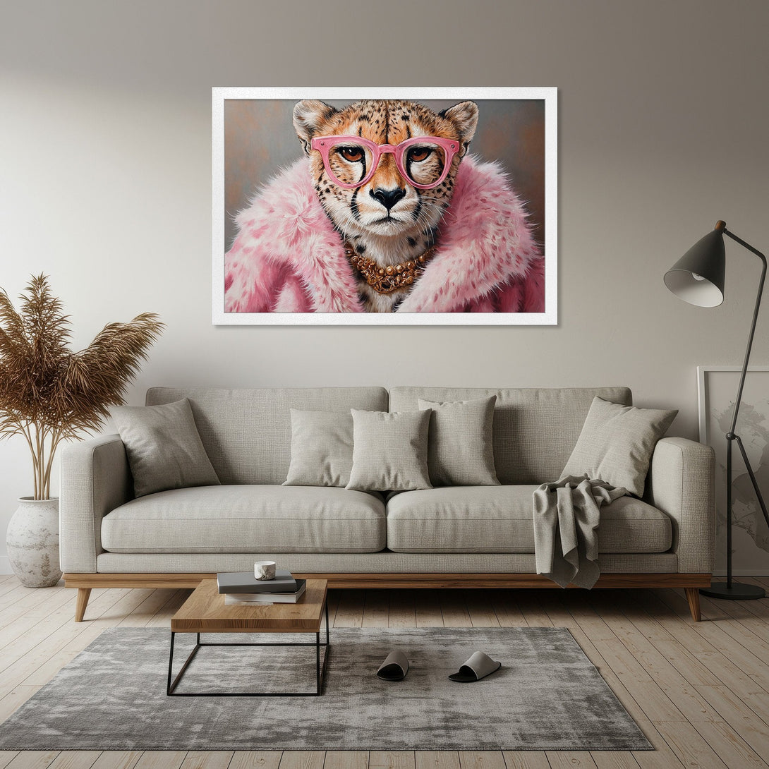 Framed Poster featuring a stylish cheetah in pink glasses and fur. Modern art with a neutral color palette, perfect wall decor.