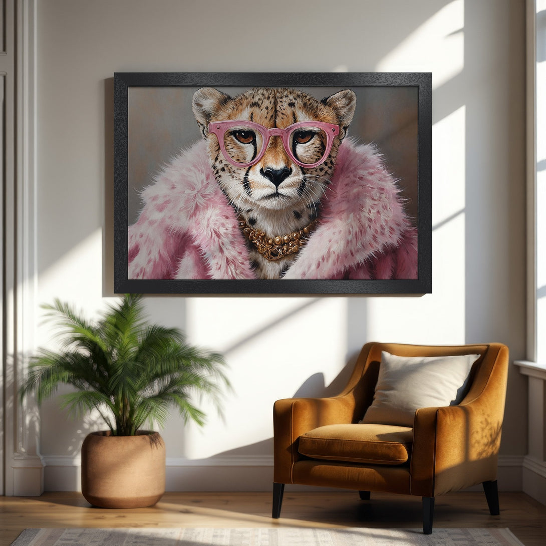 Framed Poster featuring a cheetah in pink fur and glasses. Stylish animal art with a warm, inviting color palette. Perfect wall decor!