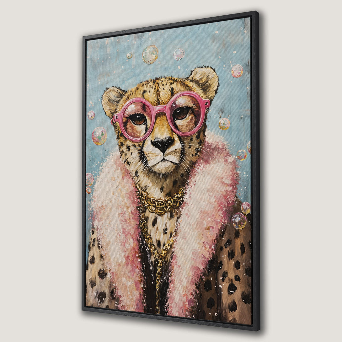 Framed Wall Art: Stylish cheetah portrait with pink glasses and fur coat, painted in a whimsical style with a soft blue and pink color palette.