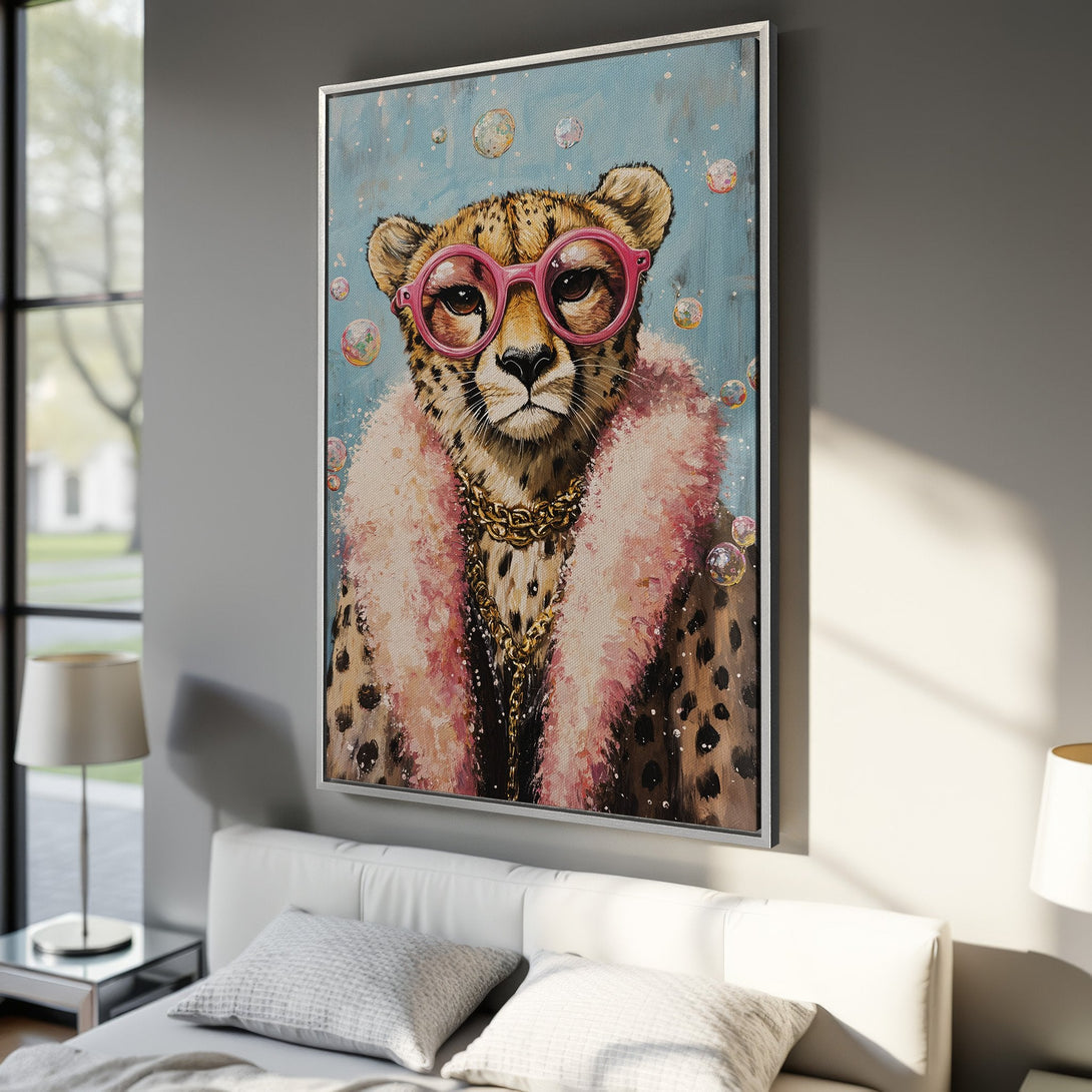 Framed Wall Art: Stylish cheetah portrait in pink & brown tones. Modern wall decor for a chic interior. Canvas Print for home or office.