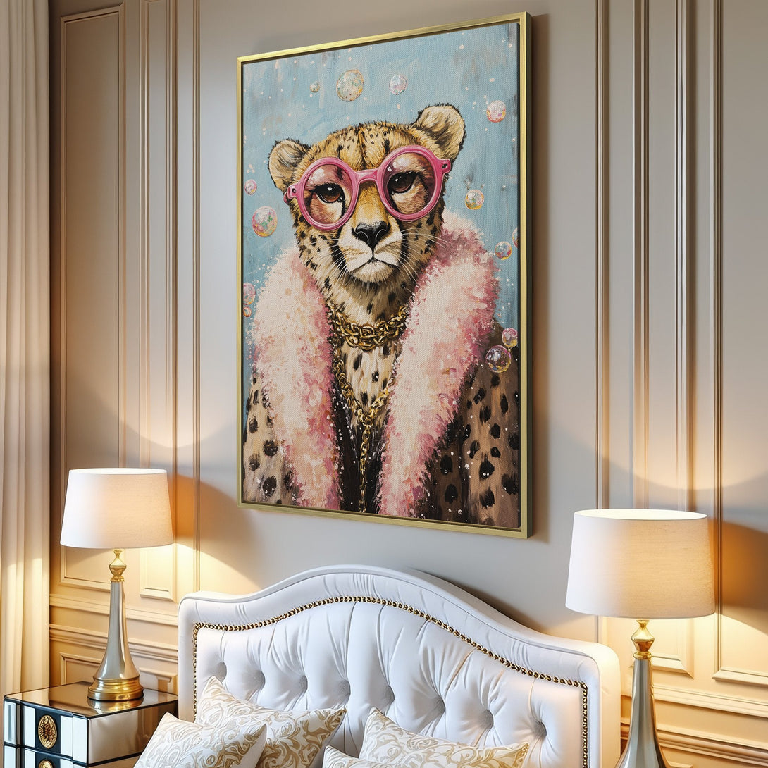 Canvas Print of a stylish cheetah wearing pink glasses and fur, with a light blue and pink color palette. Modern wall art for your home.
