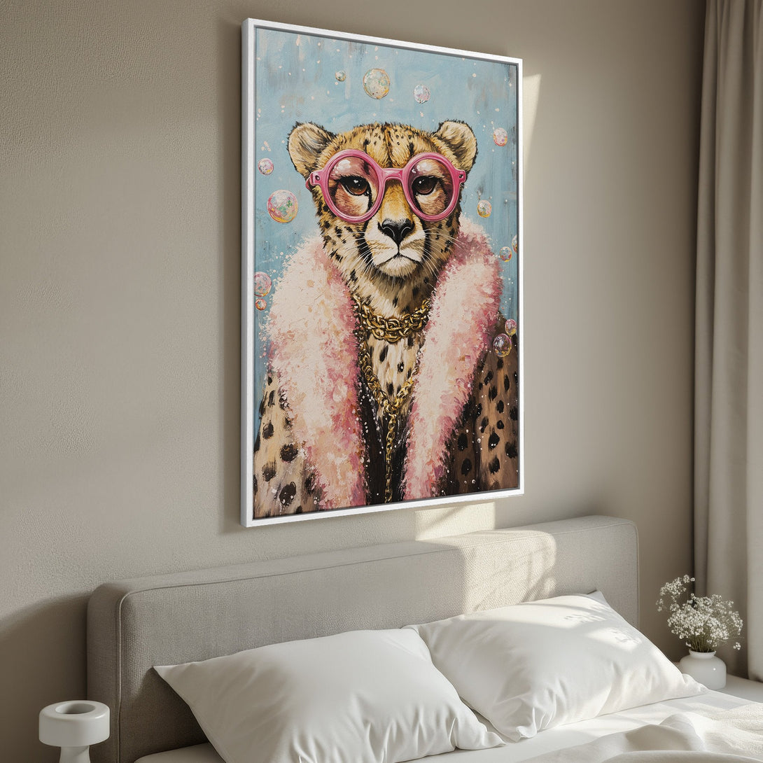 Framed Wall Art: Chic cheetah portrait with pink glasses and fur, in a modern style. Soft blue, pink, and neutral color palette. Perfect home decor!