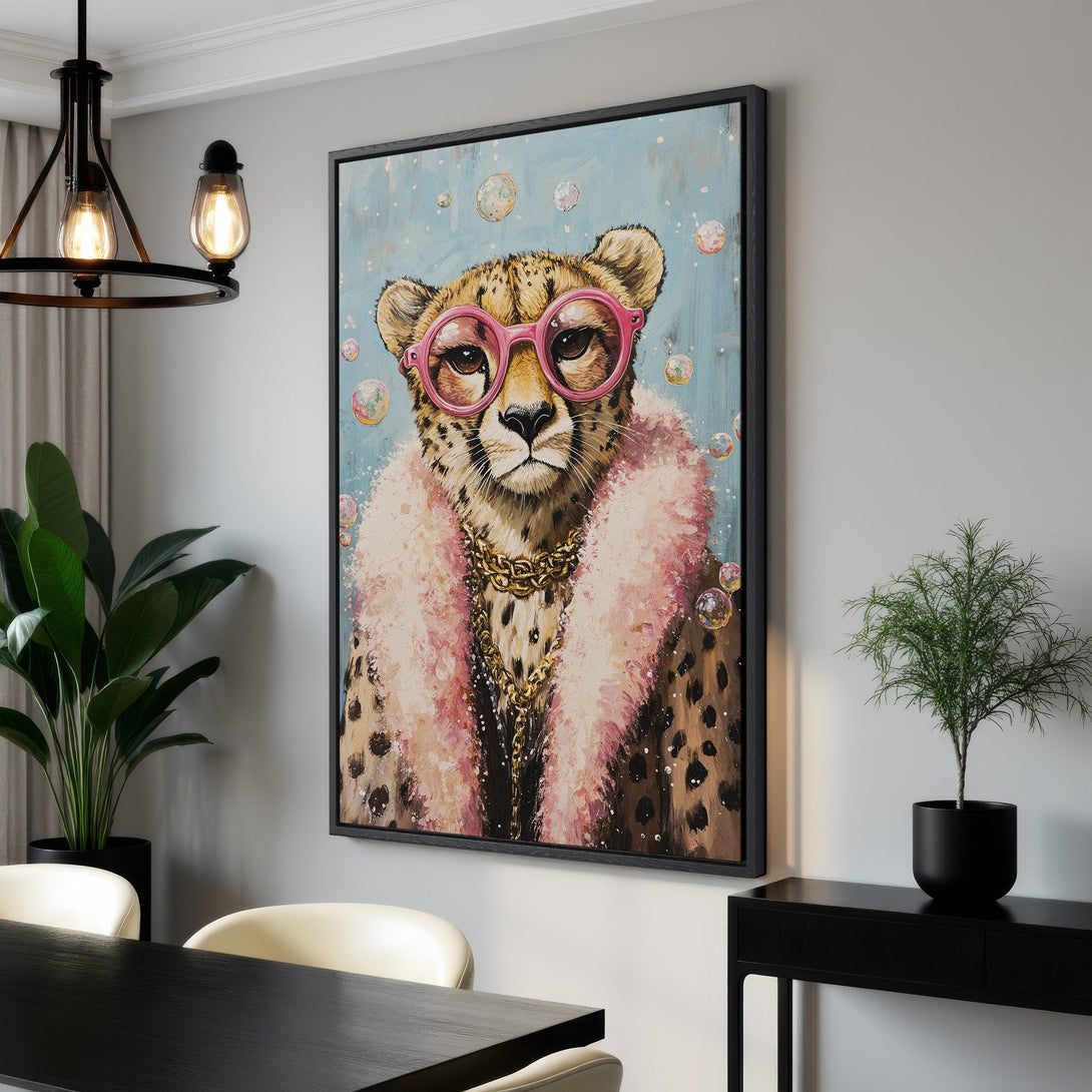 Framed Wall Art: Playful cheetah portrait in pink and blue. Add a touch of whimsy with this stylish Canvas Print, perfect for any room!