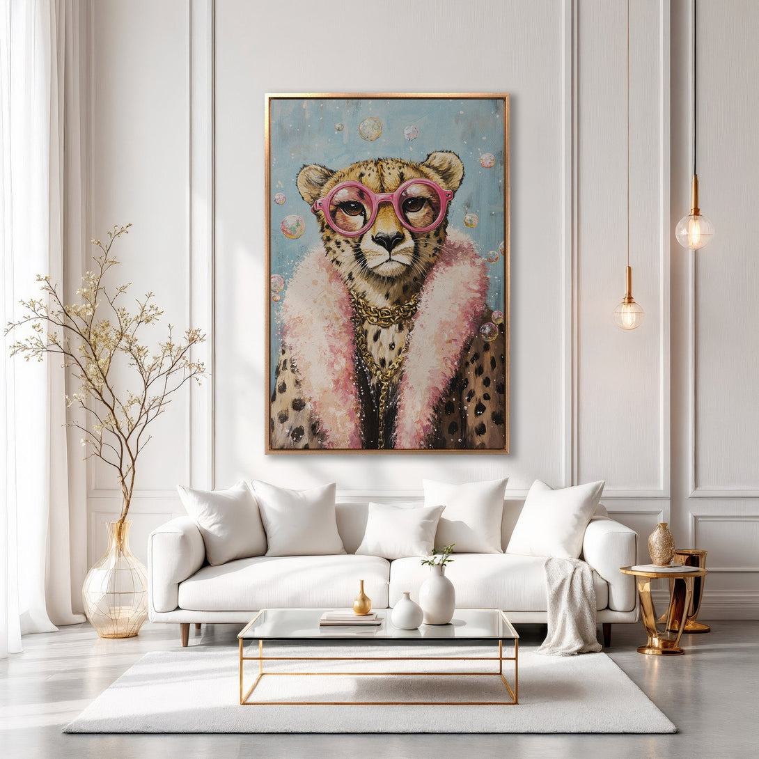 Framed Wall Art: Stylish cheetah portrait in pink & gold. Modern canvas print adds a touch of luxury to any interior. Shop now!