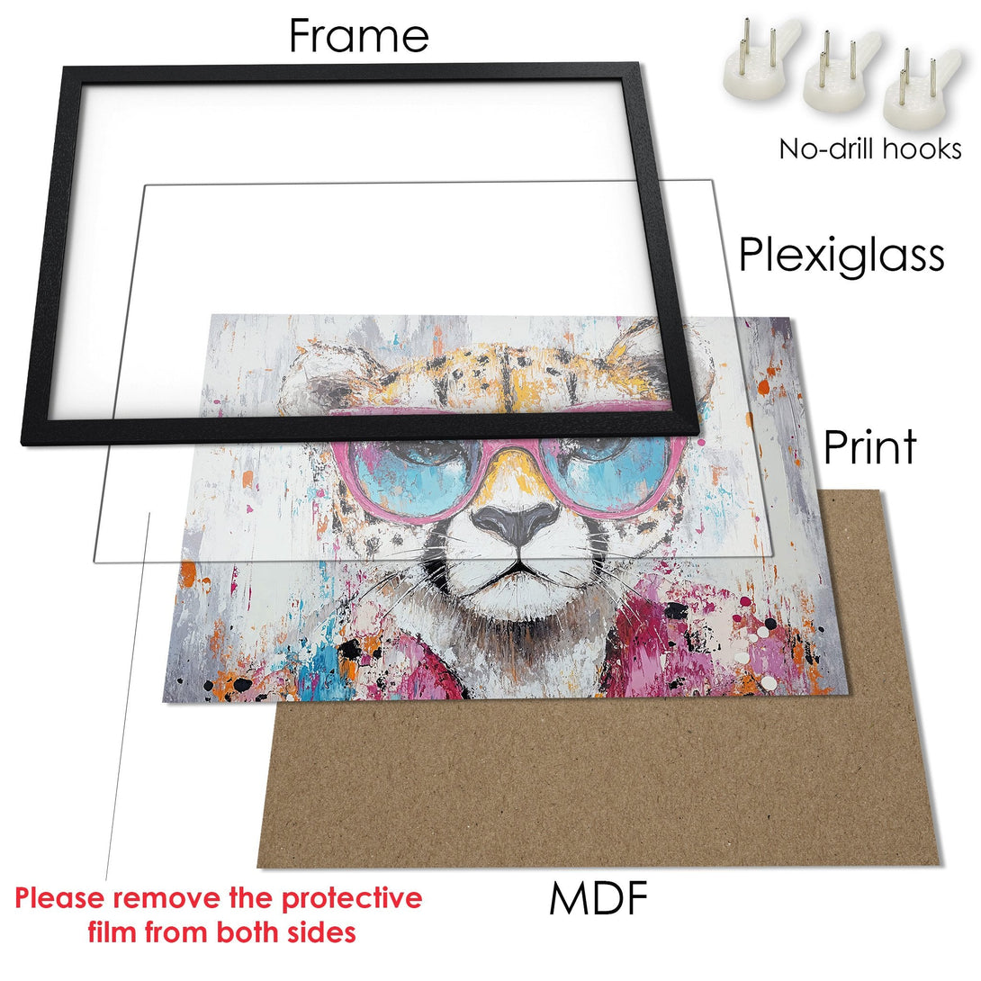 Framed Poster of a cheetah wearing sunglasses, abstract art style with colorful palette. Perfect wall decor!