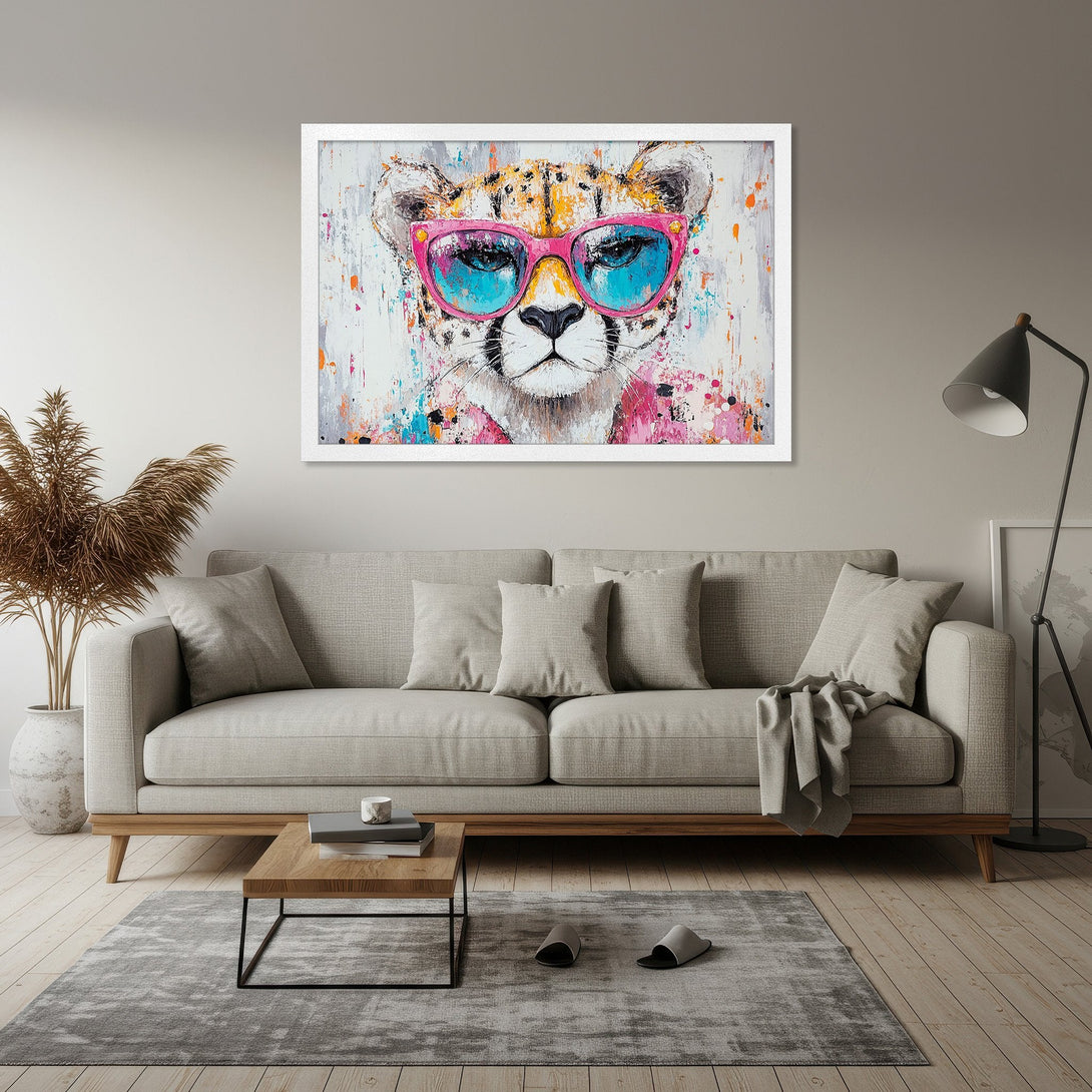 Framed Poster featuring a cool cheetah wearing sunglasses, abstract style, vibrant pink, blue, and orange accents on a white background.
