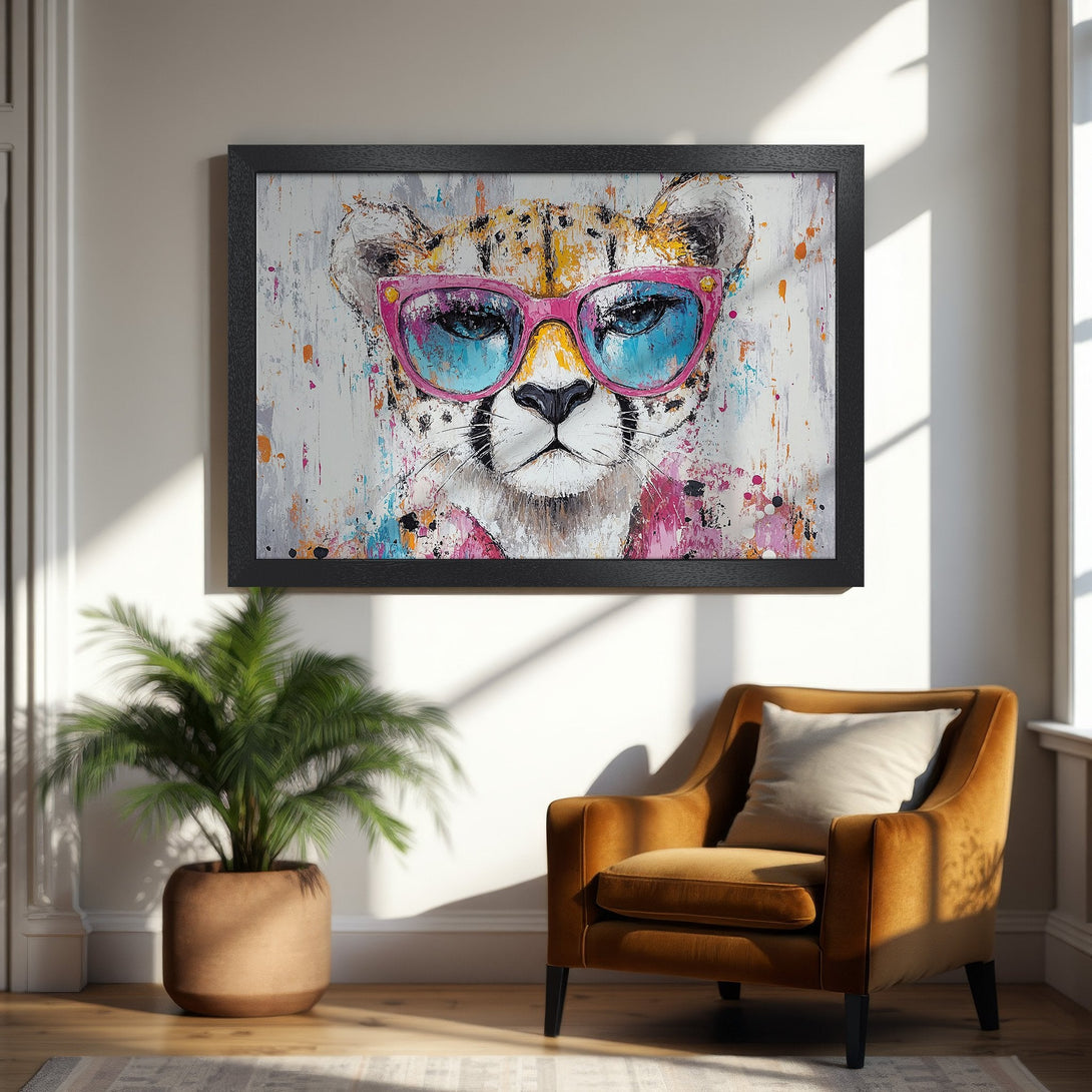 Framed Poster featuring a cool cheetah wearing sunglasses, abstract style with pink, blue, and orange accents. Add a pop of art to your space!