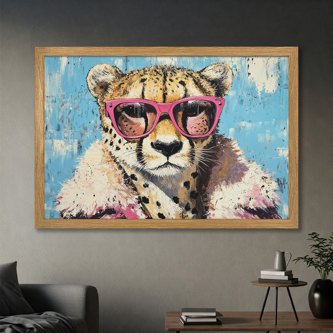 Framed Poster featuring a cool cheetah with pink sunglasses, painted in a vibrant, modern style with a blue, pink, and brown color palette.