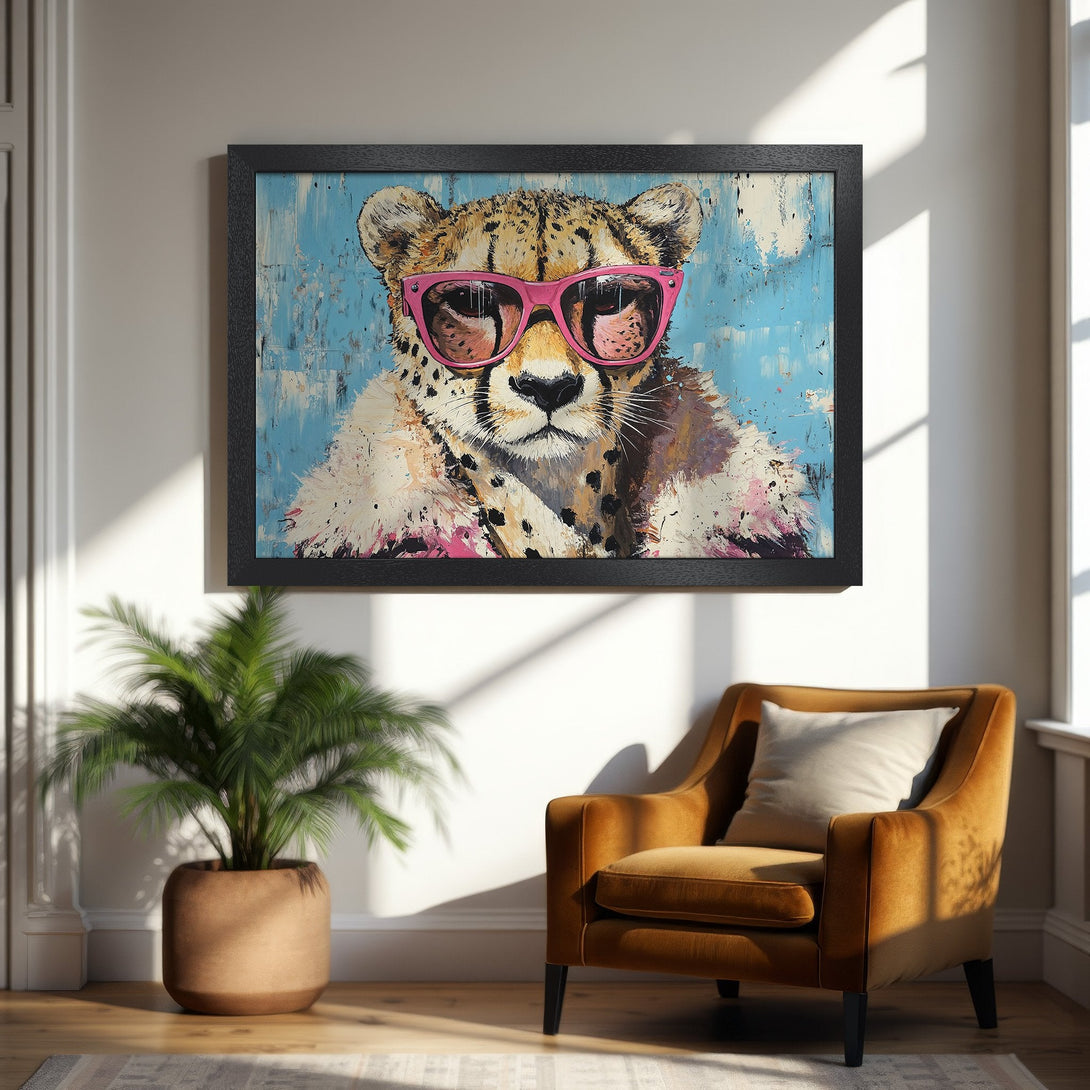 Framed Poster featuring a cheetah with pink sunglasses, abstract style, blue & pink palette. Add a touch of cool to your space!