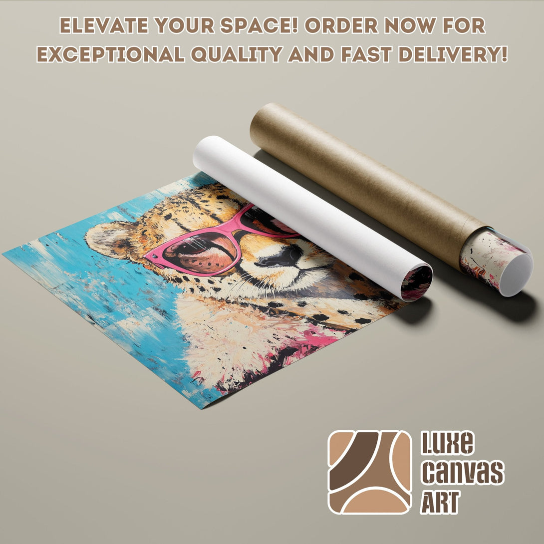 Cheetah Poster Roll, Pop Art Style, Pink & Blue Palette. Elevate your space with exceptional art!