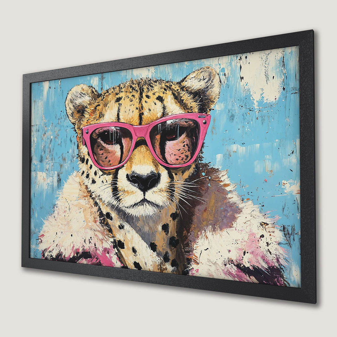 Framed Poster: Cool cheetah art with pink sunglasses, abstract style, blue & pink palette. Add a touch of wild!
