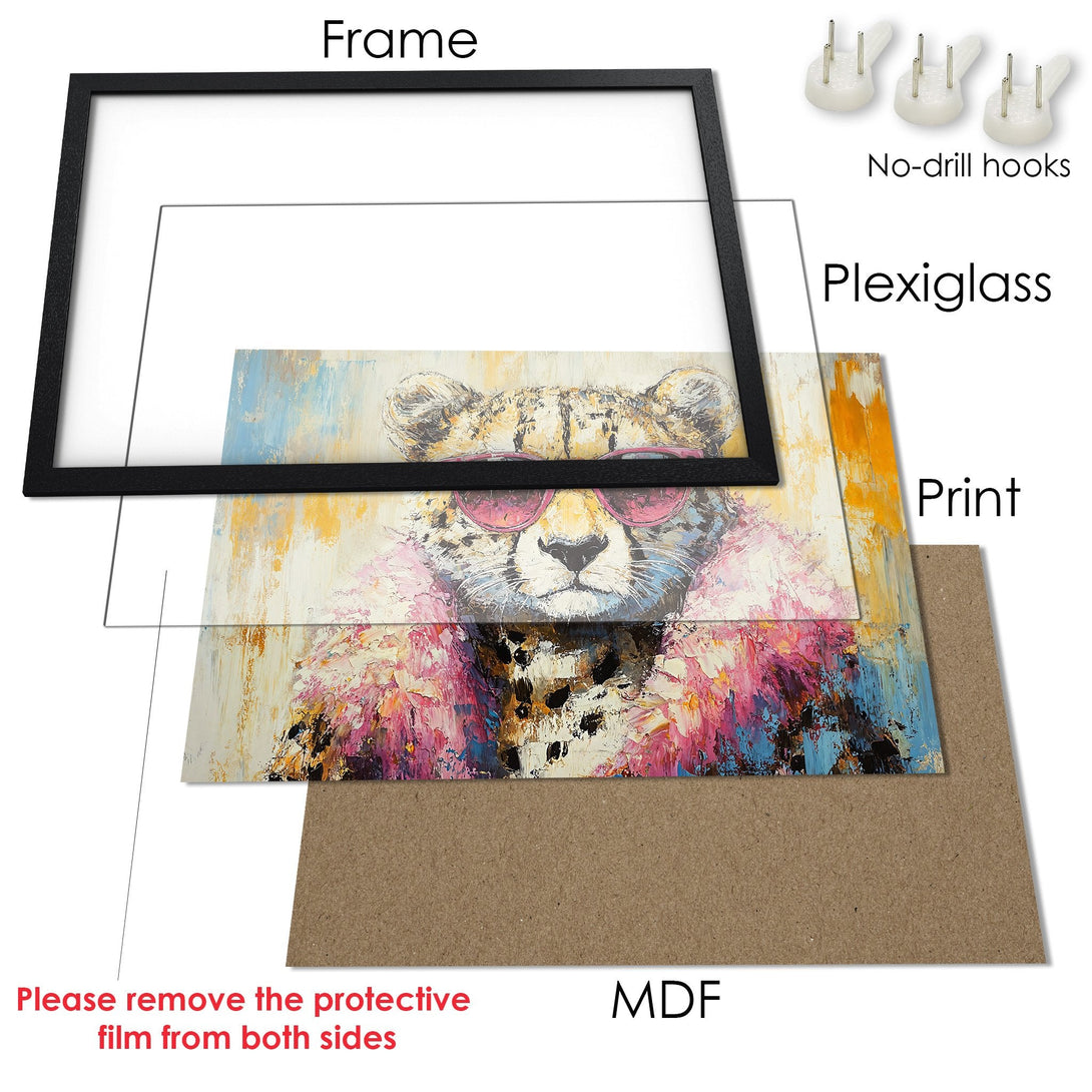 Framed Poster featuring a stylish cheetah in vibrant colors. Perfect art for your wall!