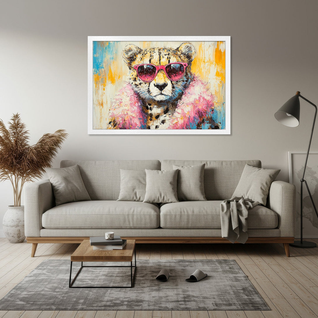 Framed Poster featuring a stylish cheetah in sunglasses with a vibrant, abstract color palette. Perfect wall art for a modern home.