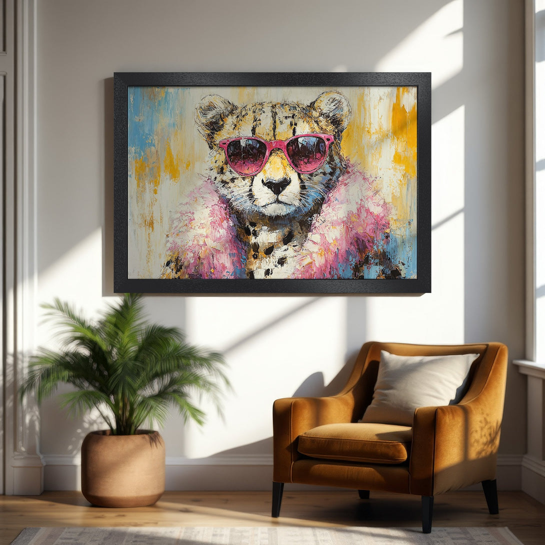 Framed Poster featuring a cool cheetah in pink sunglasses, abstract art style with a vibrant color palette. Perfect wall decor!