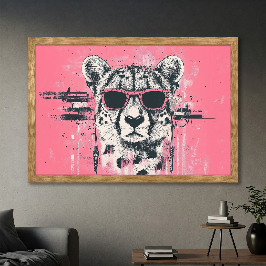 Framed Poster featuring a cheetah with sunglasses, modern art style. Pink, black, and white color palette. Add a cool vibe to your space!