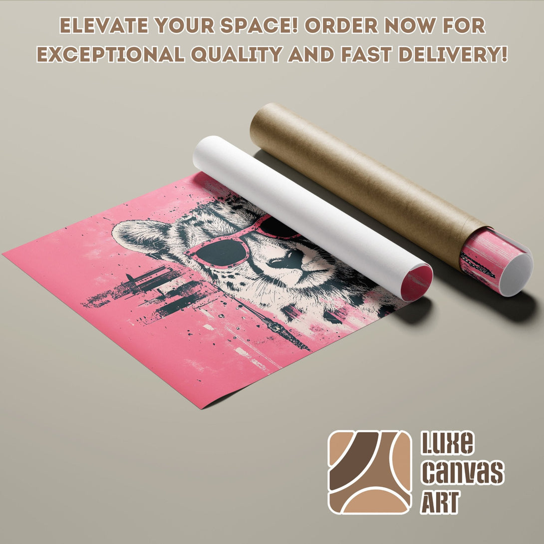Poster Roll featuring a cool cheetah with sunglasses, pink and gray color palette, modern art style.