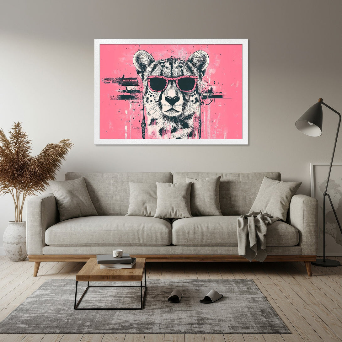 Framed Poster featuring a cheetah wearing sunglasses, pop art style, pink and black color palette, perfect wall art.