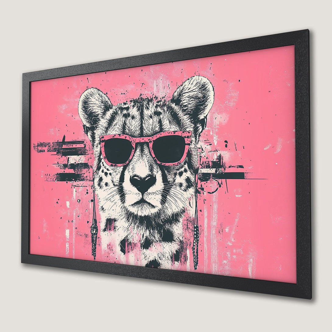 Framed Poster featuring a cool cheetah with sunglasses, pop art style, pink and black color palette. Shop now!