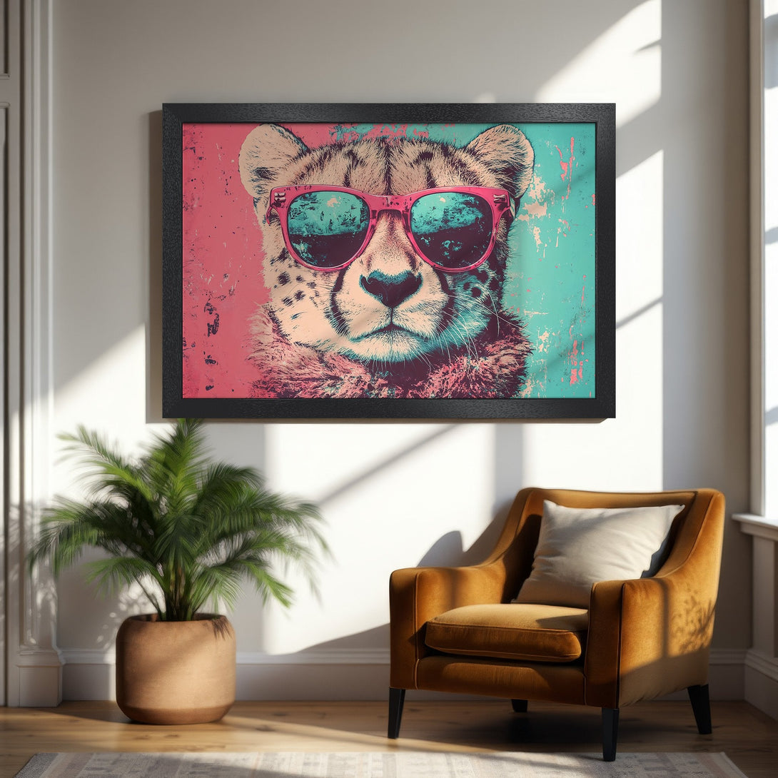 Framed Poster featuring a cool cheetah wearing sunglasses, pop art style, vibrant pink & teal color palette, perfect wall art.