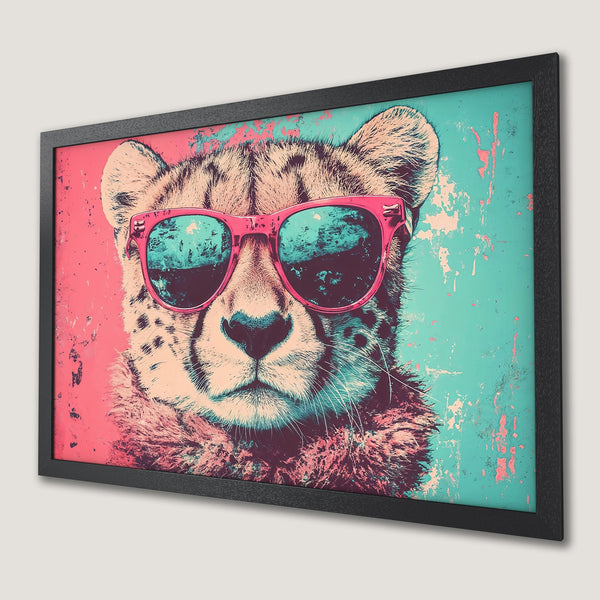 Framed Poster featuring a cool cheetah wearing sunglasses, pop art style, with a pink, teal, and tan color palette.