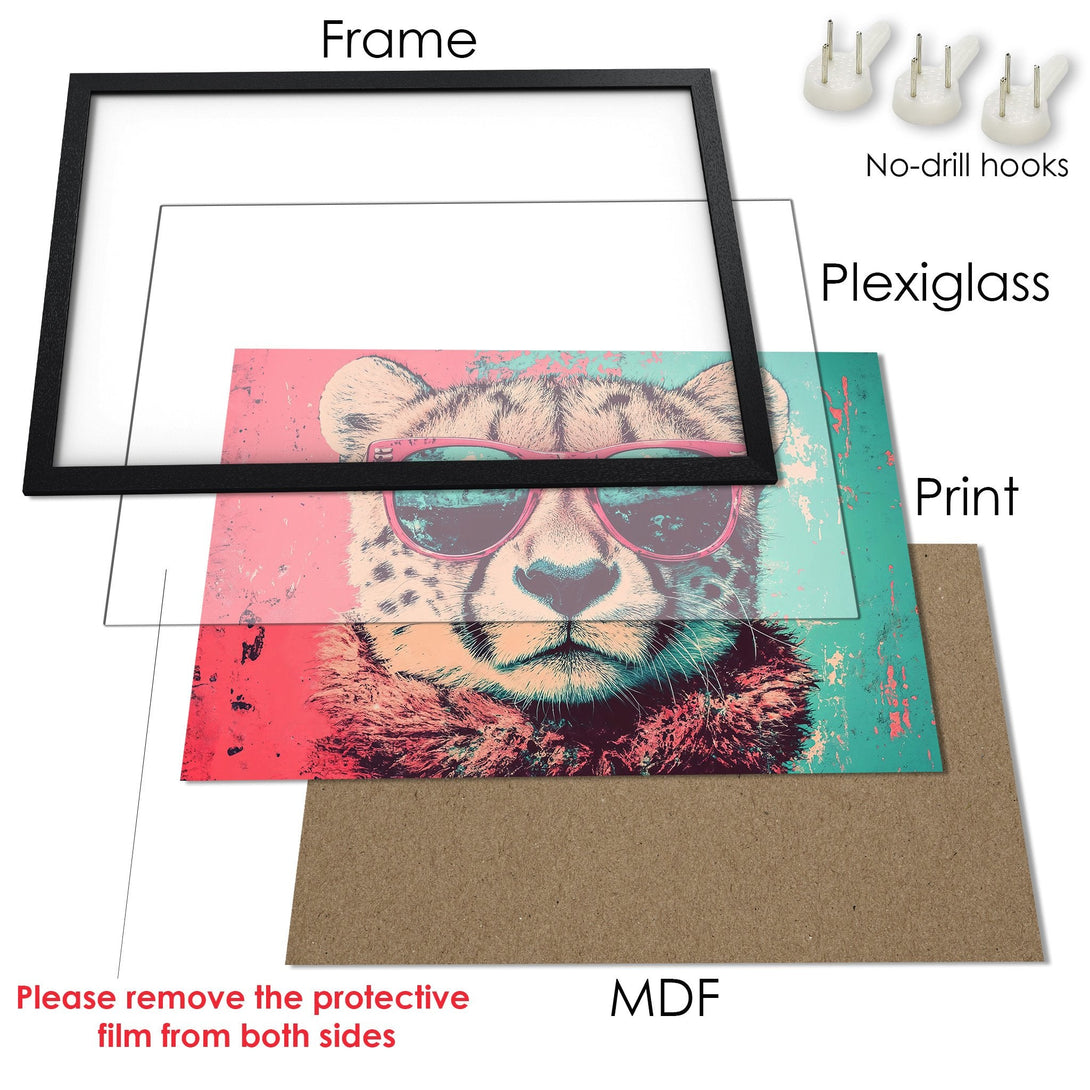 Framed Poster featuring a cool cheetah in sunglasses, pop art style, with a pink, teal, and beige color palette. Perfect wall art!