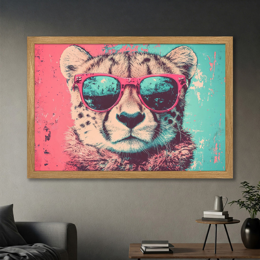 Framed Poster featuring a cool cheetah in pink sunglasses, pop art style, vibrant pink and teal color palette.
