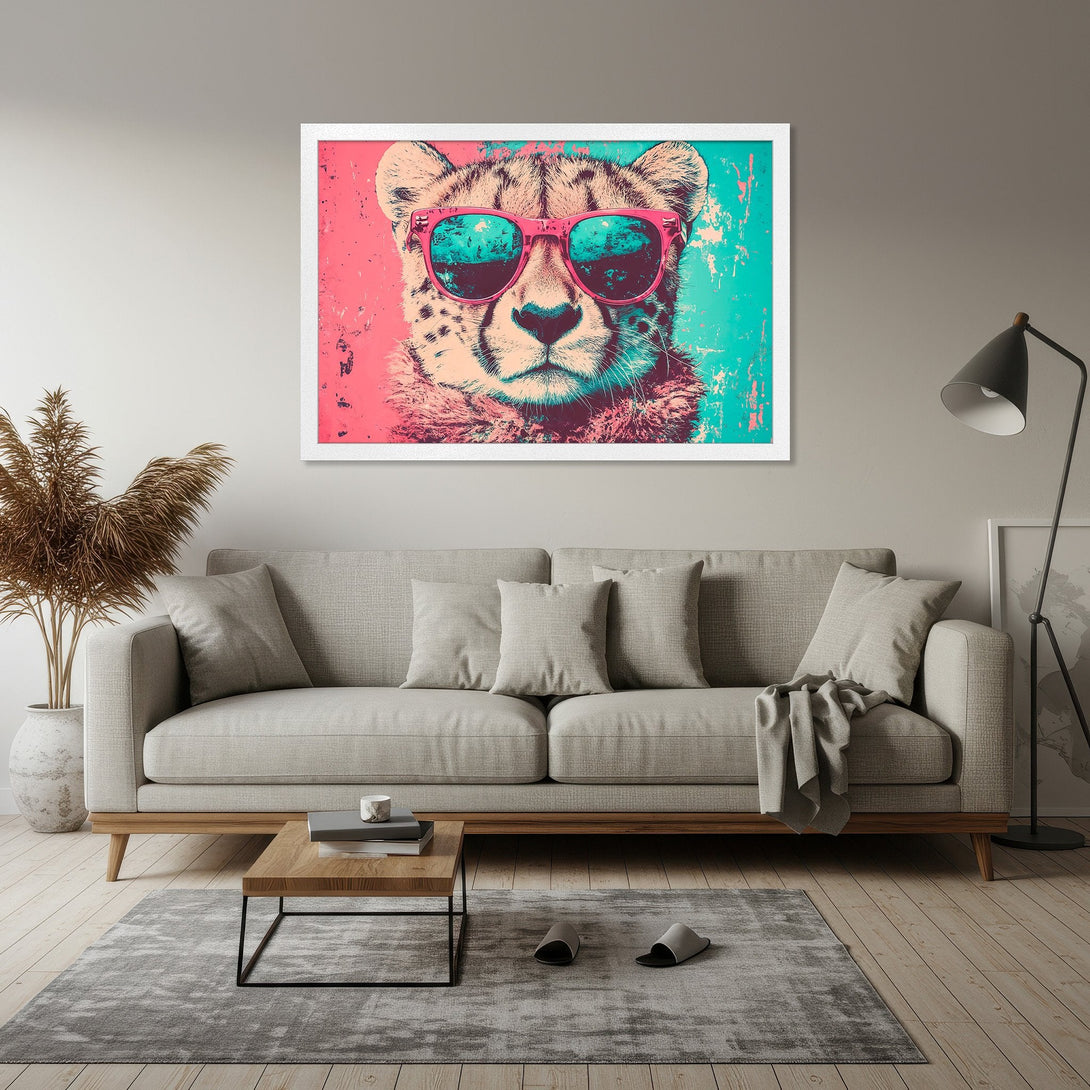 Framed Poster featuring a cool cheetah with sunglasses, pop art style, vibrant pink & teal color palette. Perfect wall art!