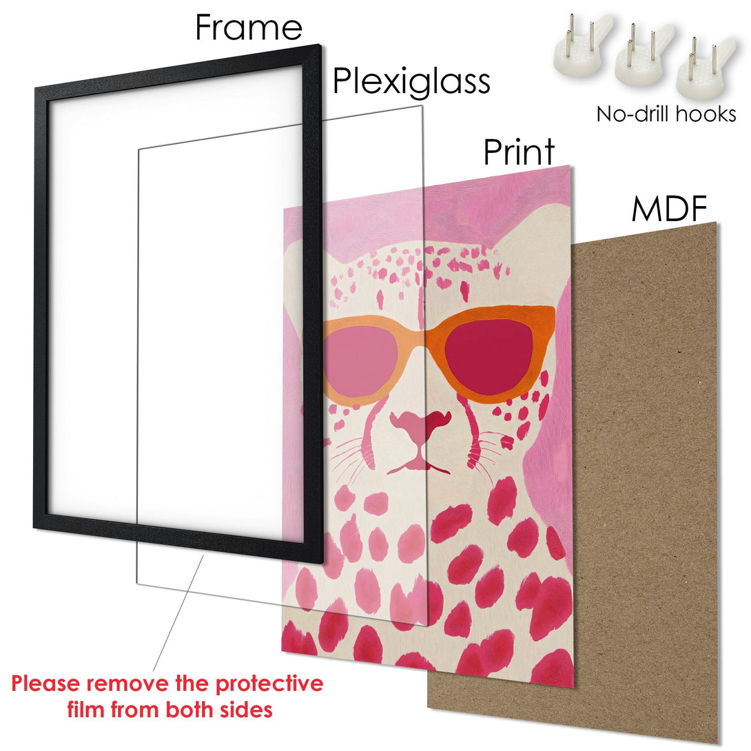 Framed Poster featuring a stylish cheetah in a pink and orange color palette. Perfect art for your home!