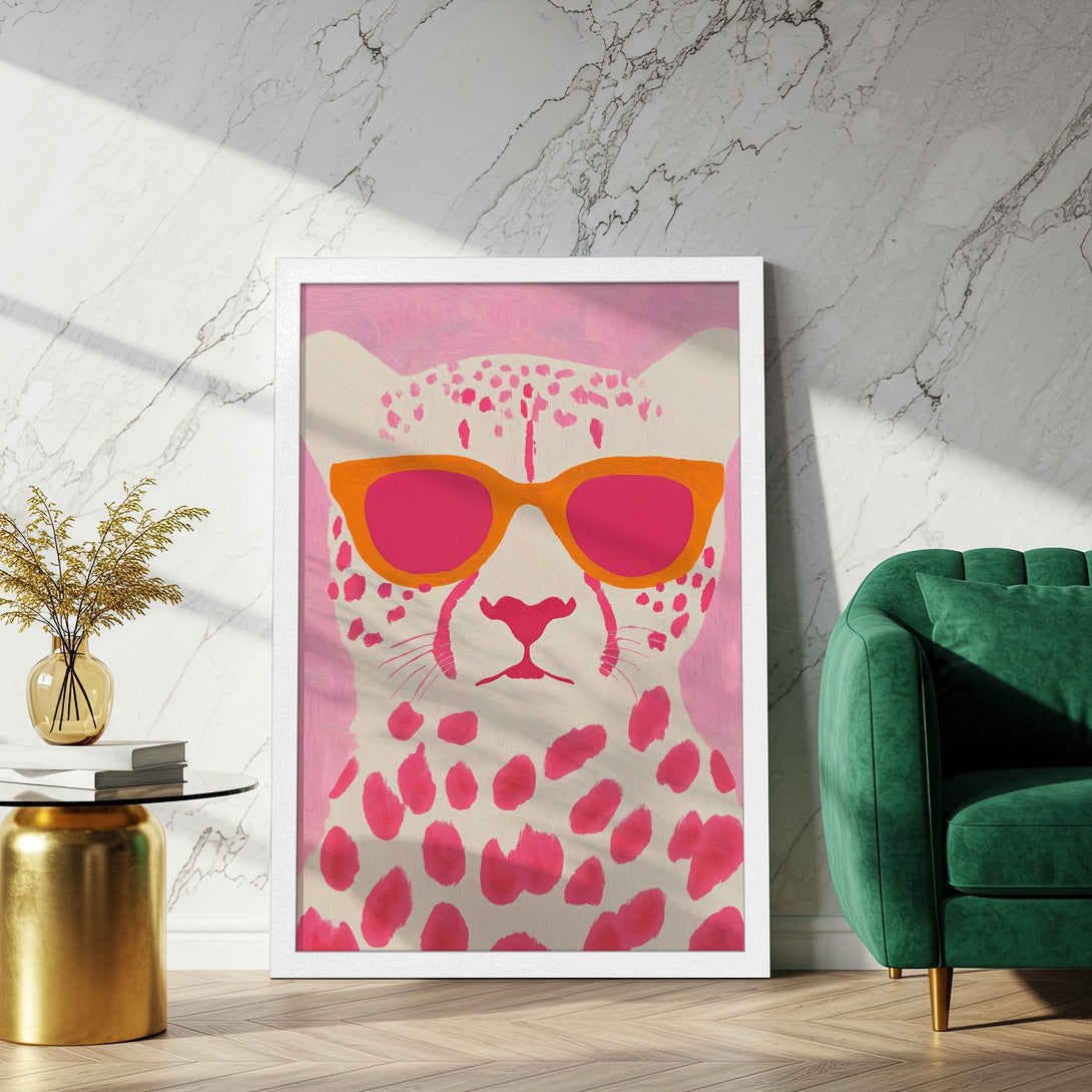 Framed Poster featuring a cool cheetah in sunglasses. Pop art style with pink, orange, and cream color palette. Add a touch of fun to your space!
