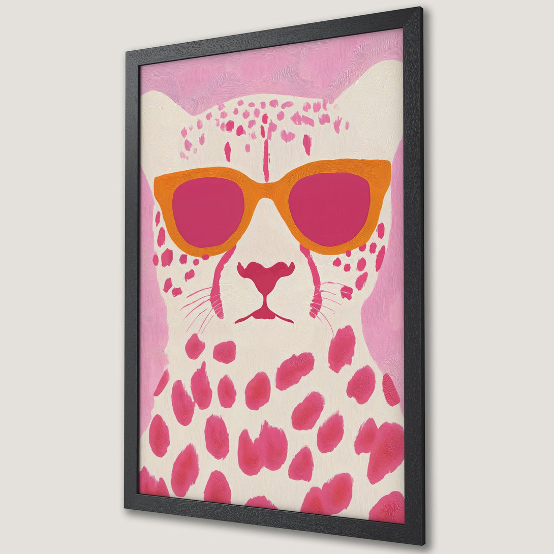 Framed Poster featuring a cool cheetah wearing sunglasses, modern art style, pink and orange color palette, perfect wall decor.