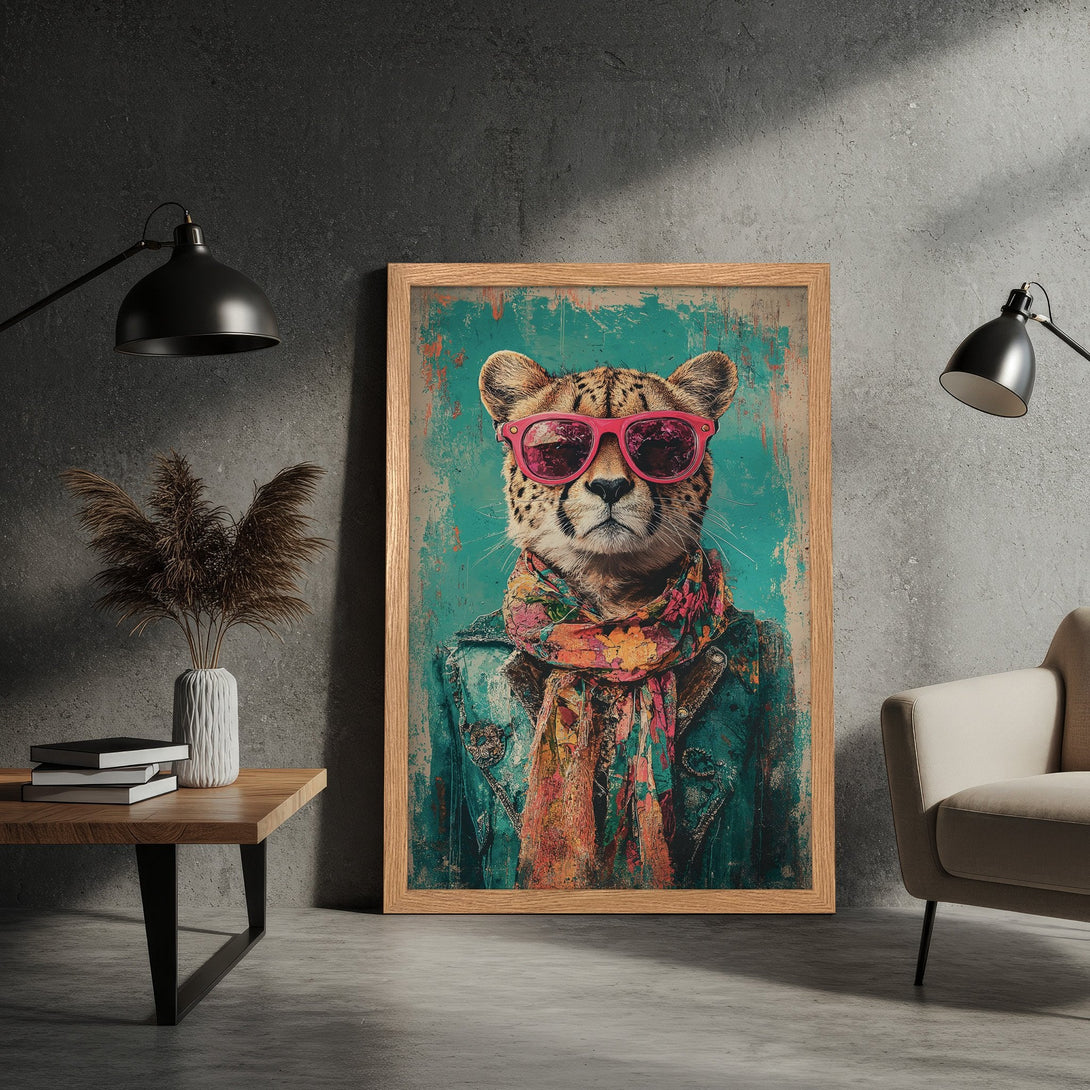 Framed Poster featuring a cheetah in sunglasses. Whimsical art with teal, pink, and orange colors. Perfect wall decor for a stylish space.