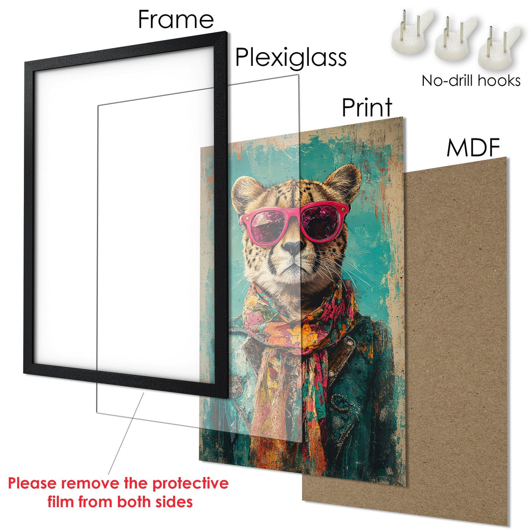 Framed Poster featuring a stylish cheetah with pink glasses, vibrant teal & colorful palette. Modern art print for your wall decor.