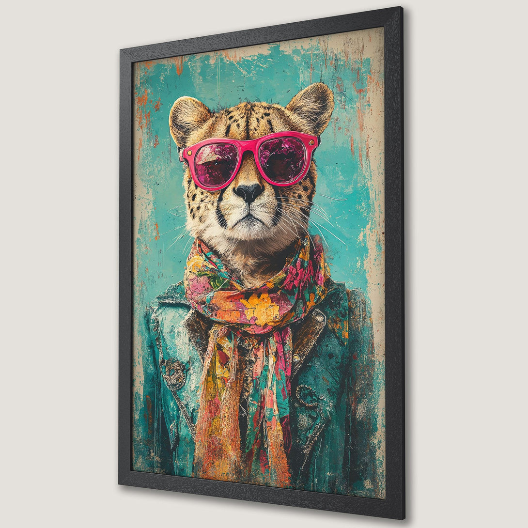 Framed Poster of a cheetah wearing sunglasses and scarf. Artistic style with teal, pink, and orange color palette. Unique wall art.