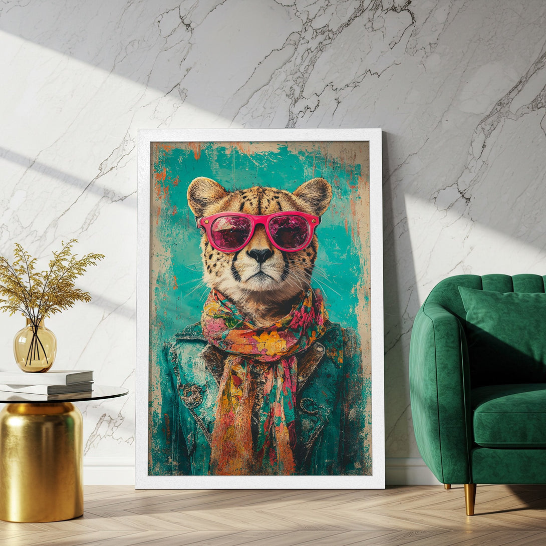 Framed Poster featuring a cheetah in sunglasses, artistic style with teal and pink color palette. Add this unique Poster to your decor!