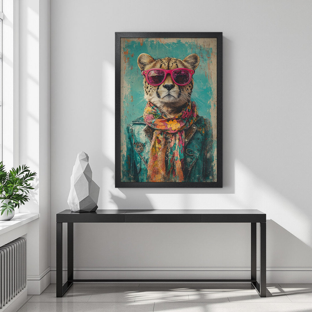 Framed Poster featuring a cheetah wearing pink sunglasses. Pop art style with a teal, pink, and orange color palette. Add a touch of fun to your space!