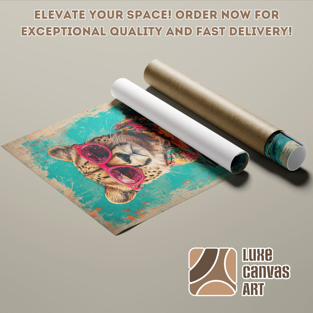 Poster Roll featuring a cheetah with pink sunglasses, vibrant teal and brown color palette, perfect for modern art lovers.