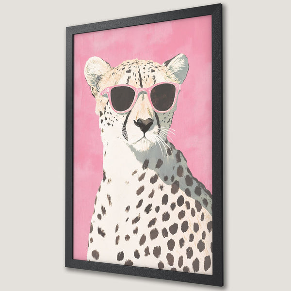 Framed Poster featuring a cool cheetah with pink sunglasses on a pink background. Modern art print with a playful style and a pink, white, and brown color palette.