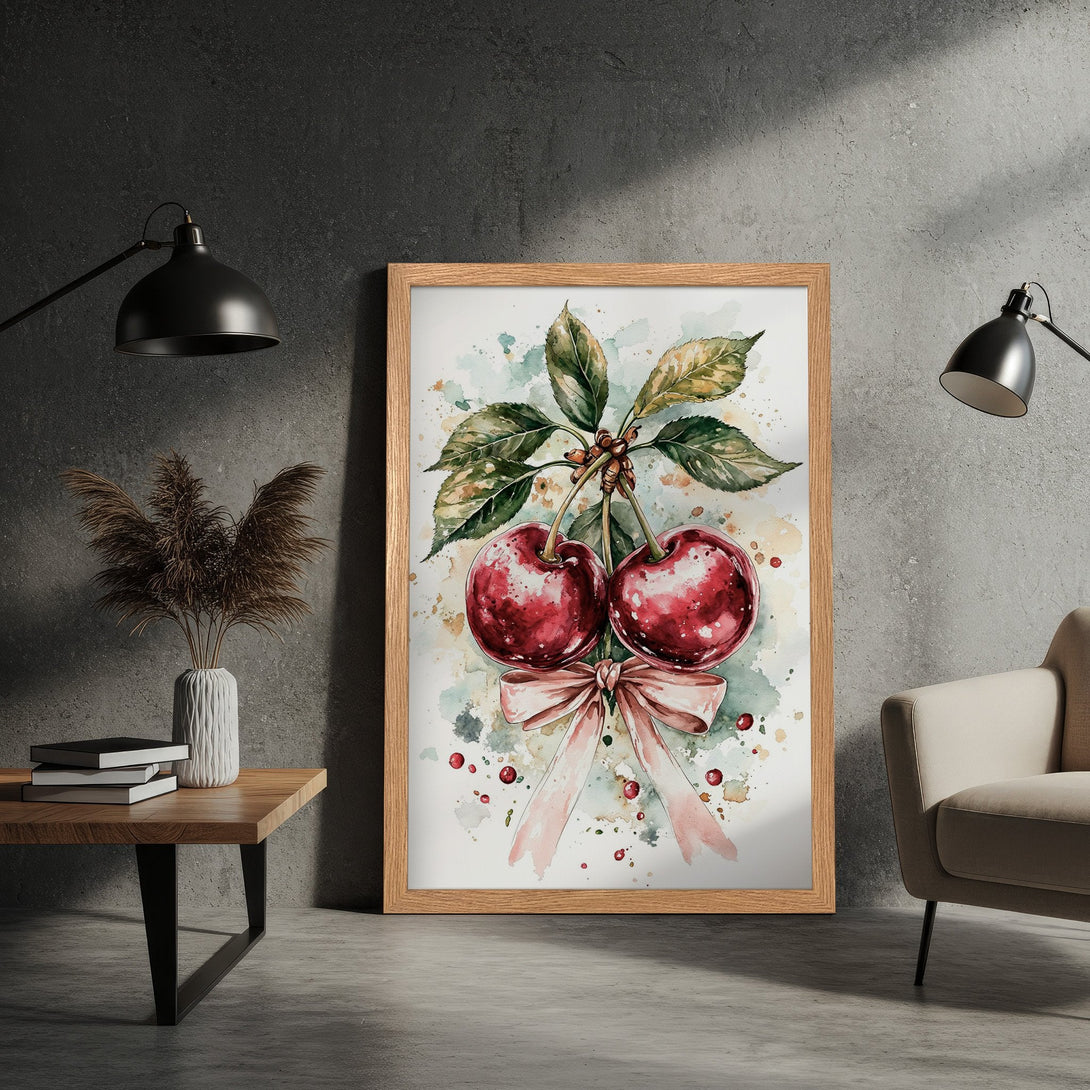 Framed Poster featuring watercolor cherries with a pink bow, in a soft, natural color palette. Perfect wall art for your home!