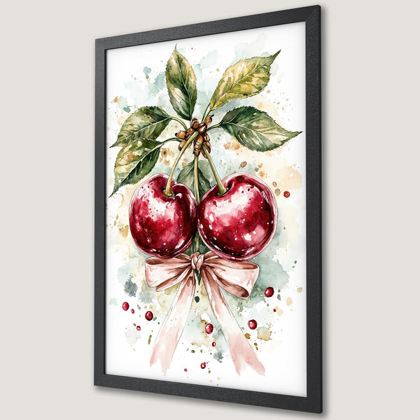 Framed Poster featuring a watercolor illustration of cherries with a pink bow. Soft, pastel color palette with red, green, and blush tones.