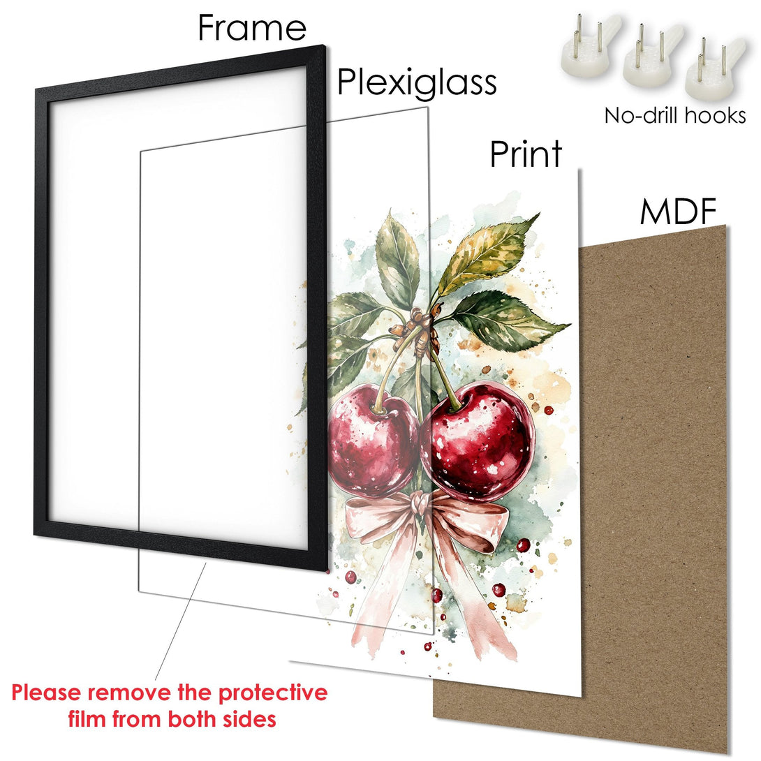 Framed Poster featuring watercolor cherries with a pink ribbon. Soft, pastel color palette. Perfect for kitchen or dining room decor.