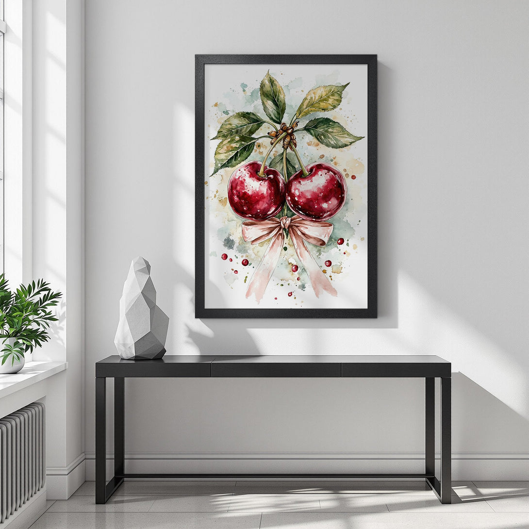 Framed Poster featuring watercolor cherries with a soft color palette, perfect wall art for your home.