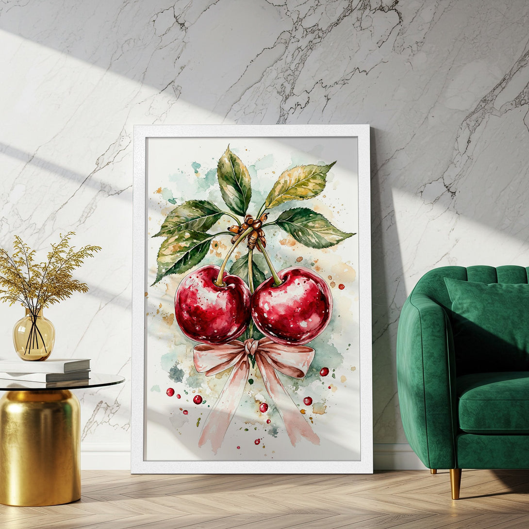 Framed Poster featuring watercolor cherries. Charming botanical art with a red, green, and pink color palette. Perfect wall decor!