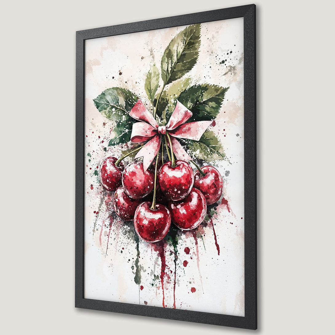 Framed Poster of watercolor cherries with a pink bow. Red, green, and blush tones in a splash art style. Perfect kitchen decor!