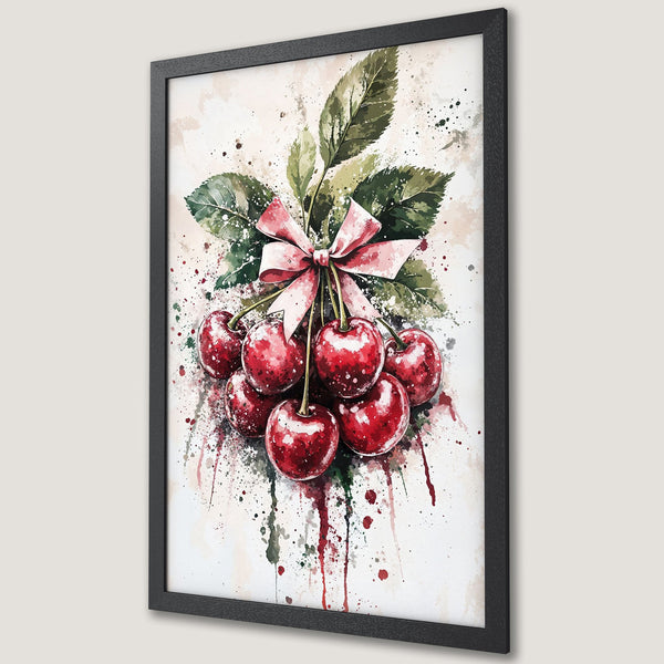 Framed Poster of watercolor cherries with a pink bow. Red, green, and blush tones in a splash art style. Perfect kitchen decor!