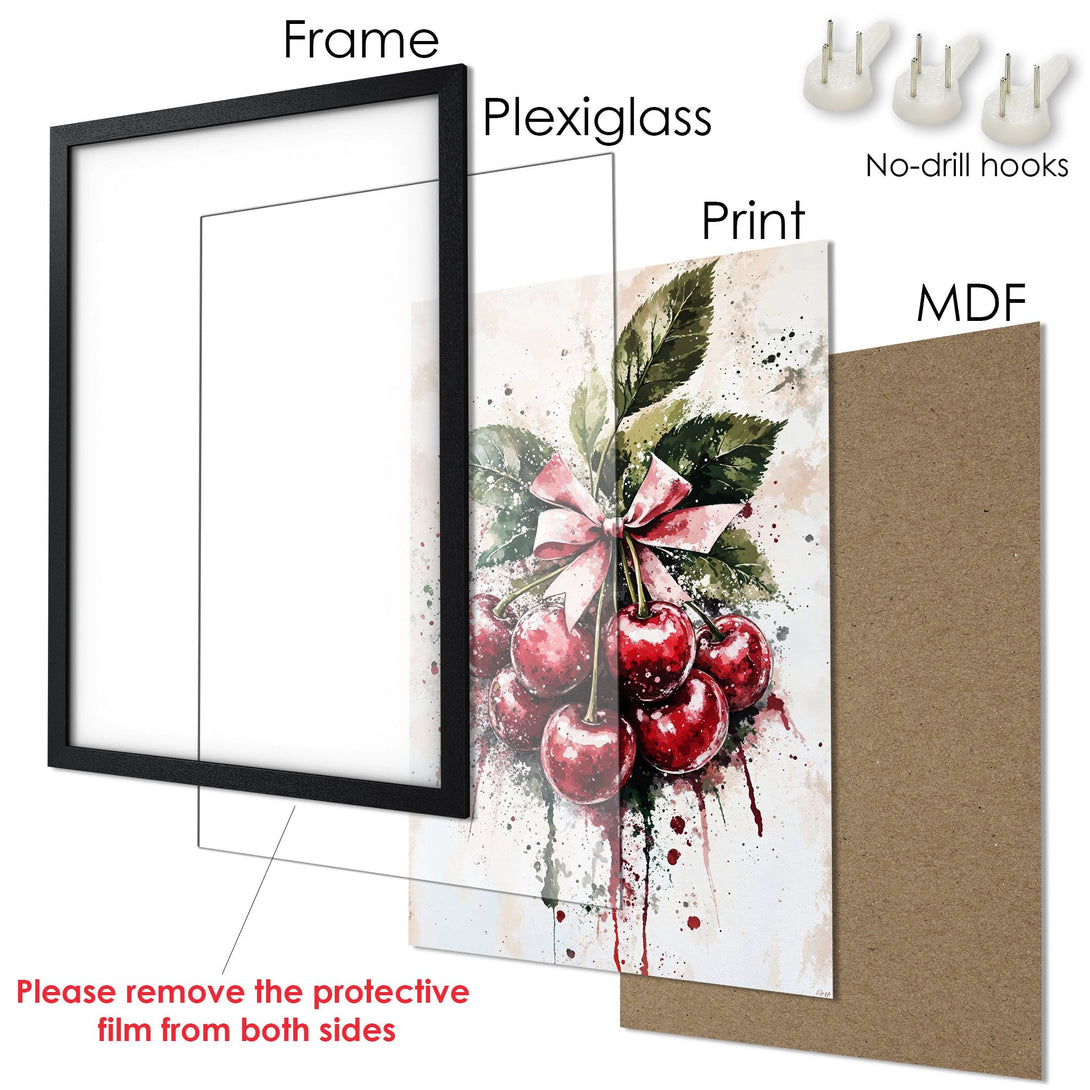 Framed Poster featuring watercolor cherries in red and green. Perfect wall art for your home decor!