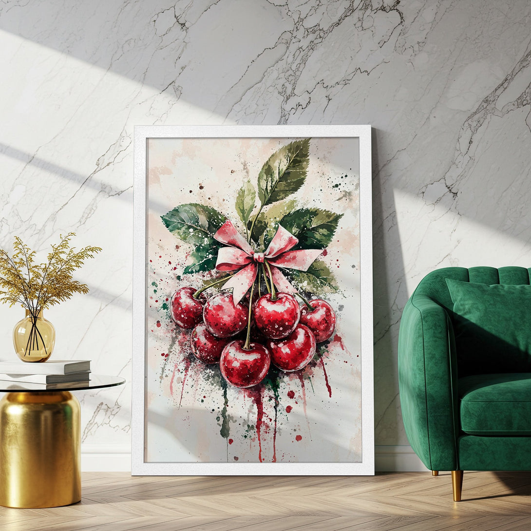 Framed Poster featuring watercolor cherries. Modern art with red, green, and pink color palette. Enhance your space with this beautiful Poster!