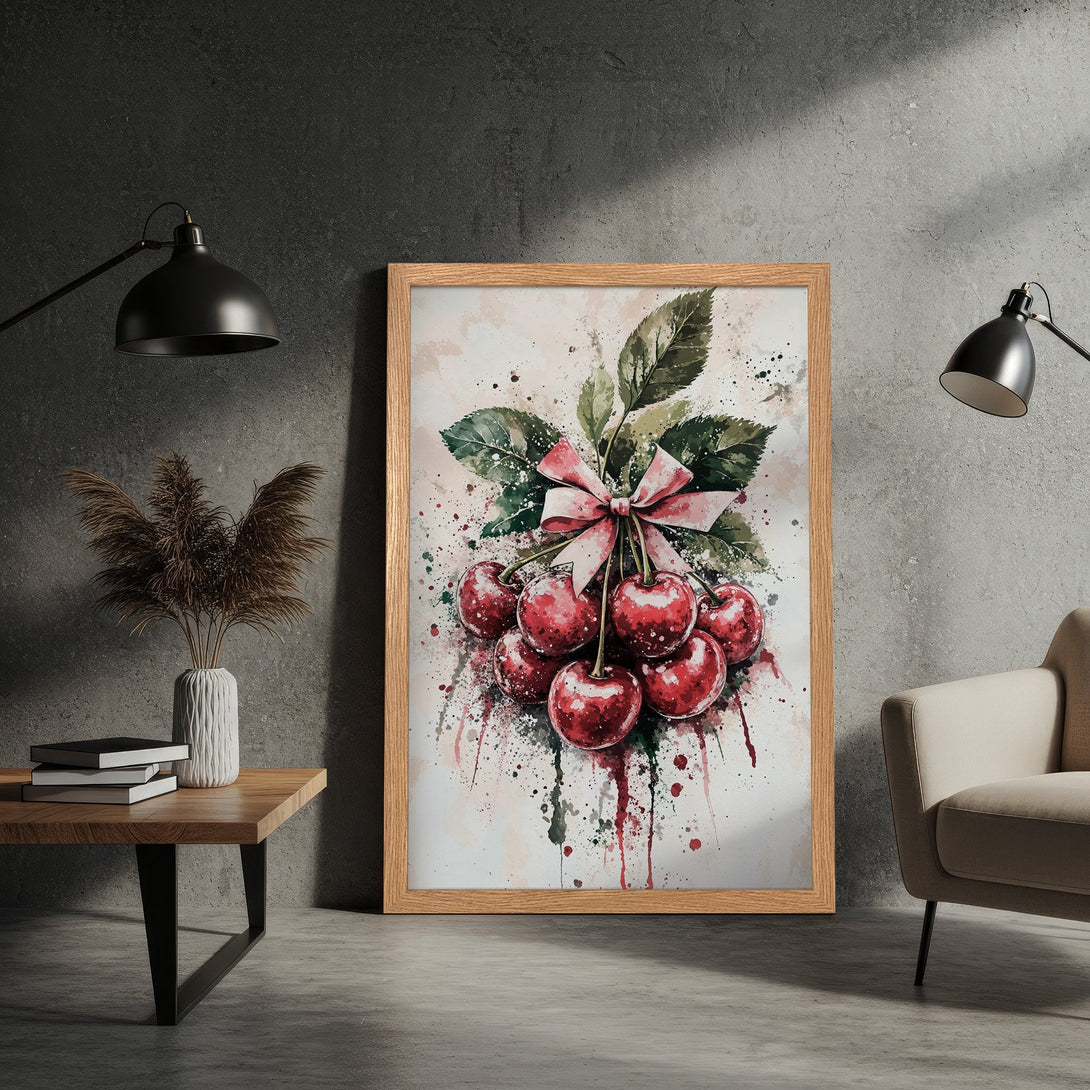 Framed Poster featuring watercolor cherries in red and green. Perfect wall art for kitchen or dining room.